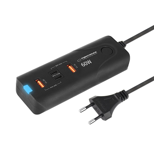Esperanza Quick Power Charger 60W 2X Usb-C Pd 30W / 2X Usb-A Qc 3.0 18W Sort