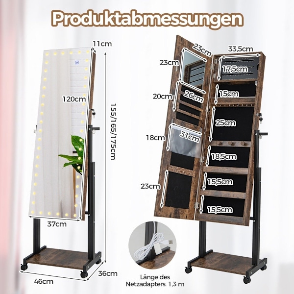 Smyckesskåp med hjul 4 i 1 spegelskåp med 3-färgs LED-lampor & justerbar höjd brun