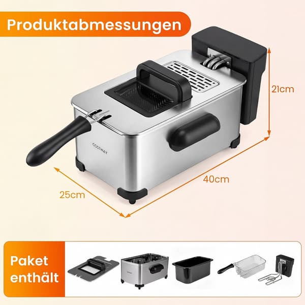 3L elektrisk frituregryde i rustfrit stål, 2000W, timer