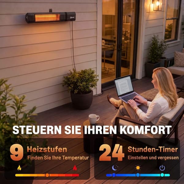 Hængende infrarød terrassevarmer, 2000W kulfiber, 9 niveauer