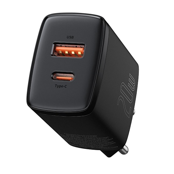 Kompakt USB-hurtigoplader USB-C 20W 3A PD QC 3.0 sort