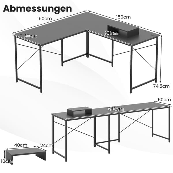 Vändbart L-format skrivbord med laddningsstation, grått