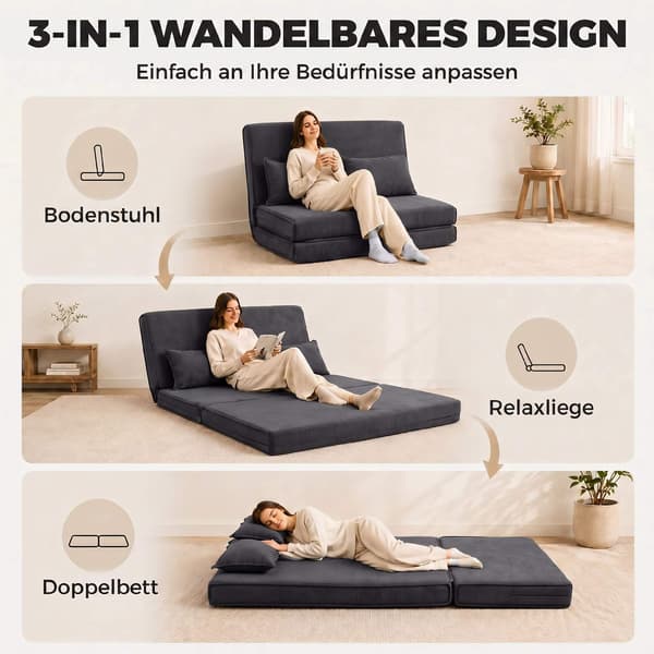 Konvertibel golvbäddsoffa, justerbart ryggstöd, manchester, mörkgrå