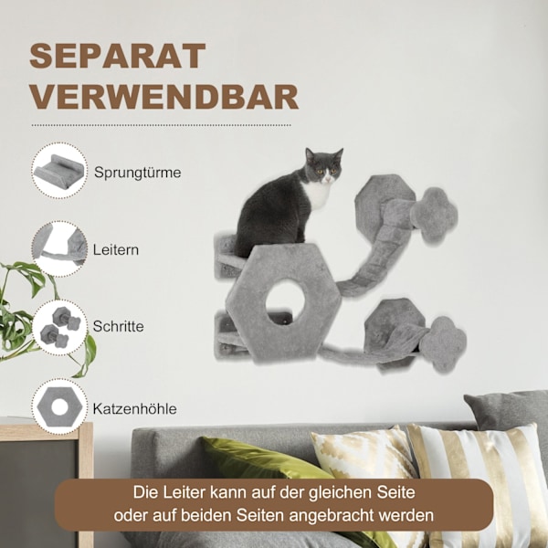 Kattklättervägg, kattsäng med trappsteg, kattgrotta, hopptorn, leksaksboll, kattplattform för katter upp till 5 kg, ljusgrå