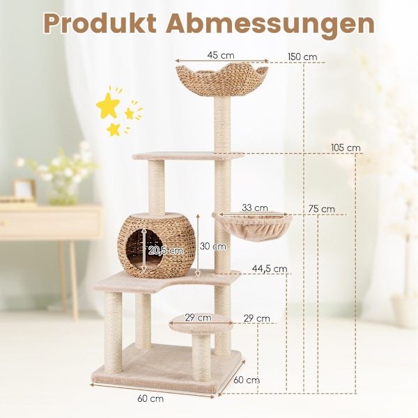 Kradsestolpe med kattehule 150 cm højt kattetræ med hængekøje op til 10 kg beige + natur