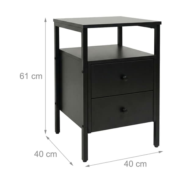 Sort sengebord med 2 skuffer, MDF og stål