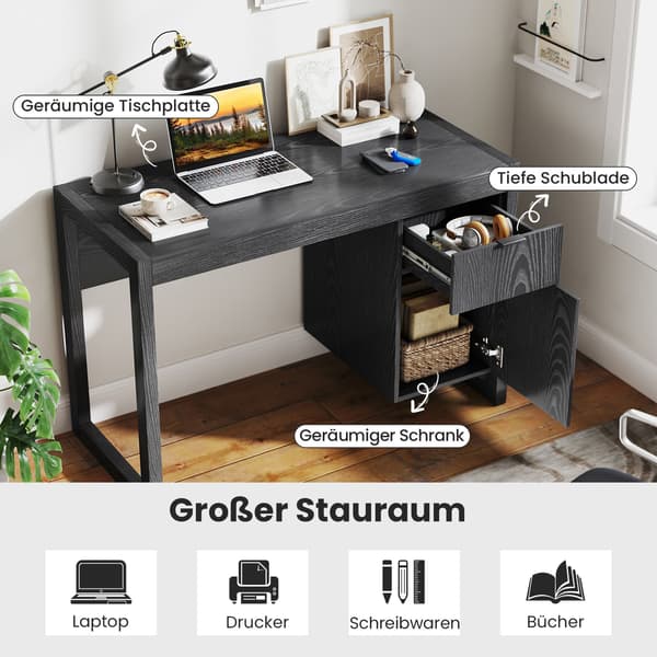Sort computerbord med opbevaringsskab, 112 cm