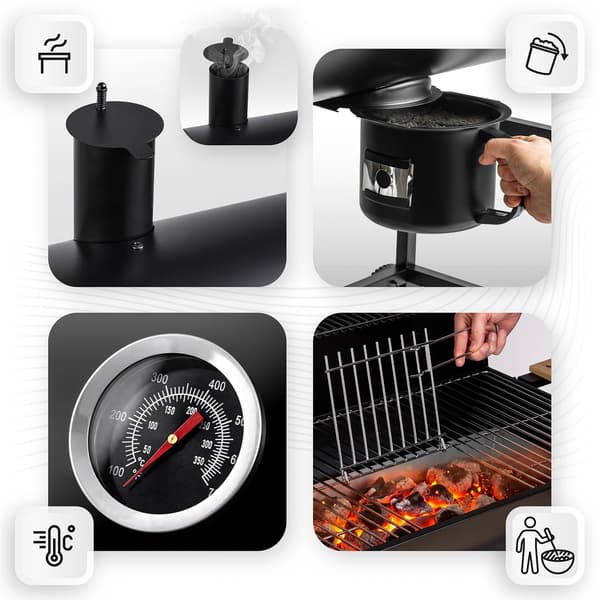 Kulgrill med skorsten, termometer og hylder