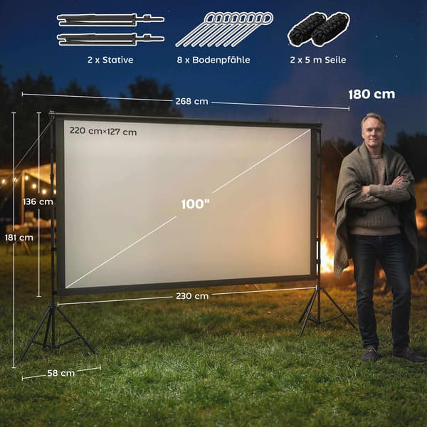 100" projektorlærred med stativ, 4K/8K, 16:9-format