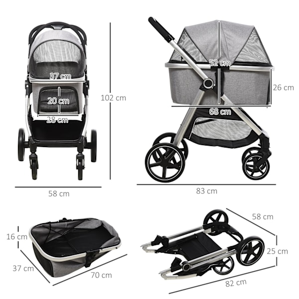 Dog Buggy 2-In-1 Kokoontaitettavat Jarrut Mesh Window Turvahihnat Vaaleanharmaa 15Kg Asti