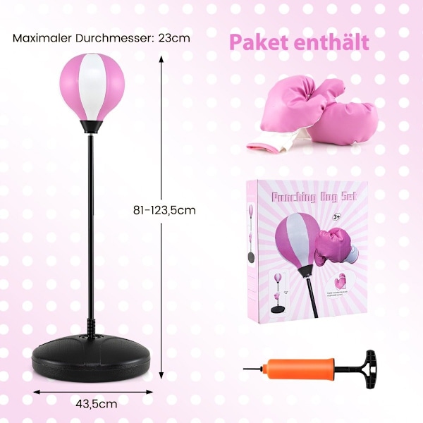 81-123,5 cm korkeussäädettävä nyrkkeilypallo sis. nyrkkeilyhanskat & käsipumpun lasten nyrkkeilysetti