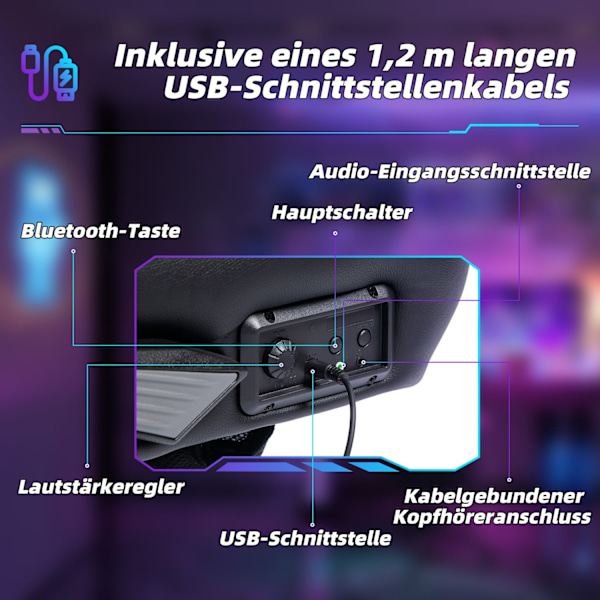 Gamingstol med vippe- og benfunktion, ergonomisk computerstol, højdejusterbar, drejelig skrivebordsstol med højttaler, bæreevne op til 120 kg, sort +
