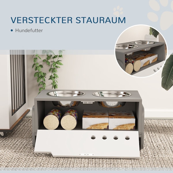 Hævet hundeskål, 3 niveauer højdejusterbar madskål til hunde med opbevaringsplads, anti-slyngemåtte, foderskål med 2 x 2L skåle i rustfrit stål, til m