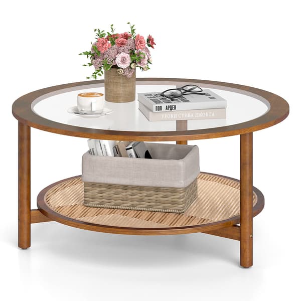 Rundt sofabord, glasplade, rattanhylde, valnødfinish
