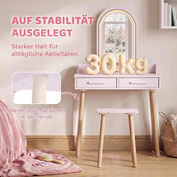 Barnens sminkbordsset med LED-spegel och pall