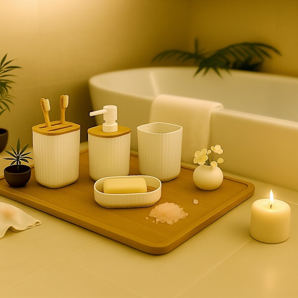 Badrumstillbehörsset, plast & bambu, 6-delat