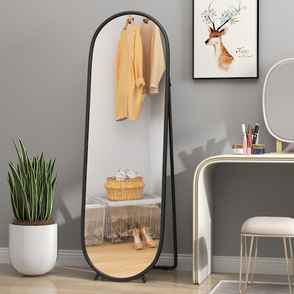 Spejl i fuld længde, 160 x 40 cm vægspejl med stativ, metalramme, ovalt stående spejl til stue, soveværelse, sort |