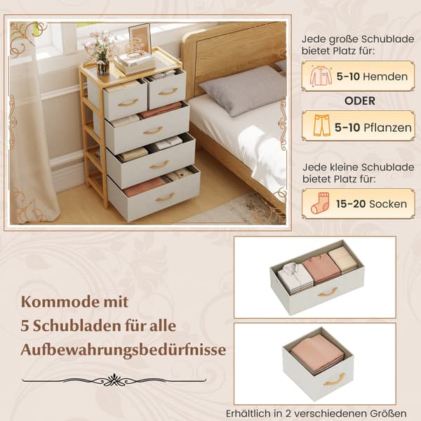 Bambuskommode med opbevaring, 5 stofskuffer og hylde