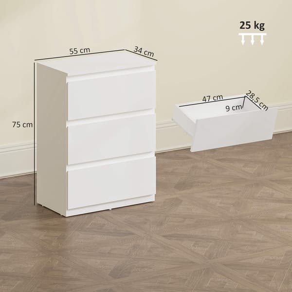 Moderne kommode med 3 skuffer, hvid, 55 x 34 x 75 cm