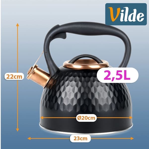 Fløjtende elkedel i sort rustfrit stål, 2,5 l kapacitet
