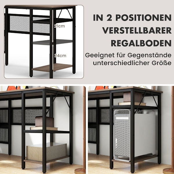 L-formet skrivebord med ladestation vendbart hjørnebord med meshhylder og CPU-stativ