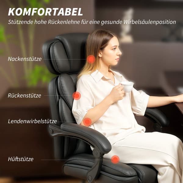 Ergonomisk kontorstol med lændestøtte, sort PU-læder