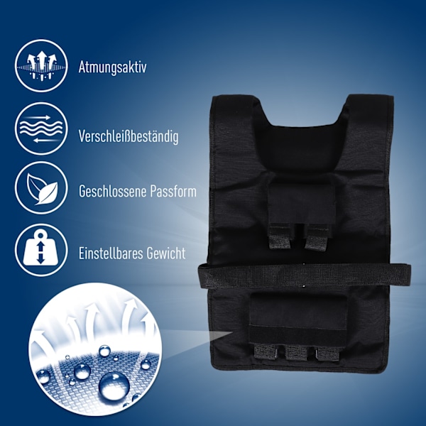 Vægtvest 20 kg justerbar træningsvest til styrketræning og fitness, Oxford materiale, sort 36 x 52 cm