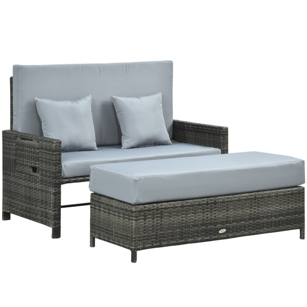 Polyrattan Lounge Sohva Puutarhasohva 2-Istuttava Pehmuste & Jakkara Puutarha Sohva Harmaa
