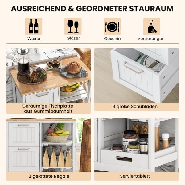 Rolling Kitchen Island Cart med 2-lagers förvaring, vit