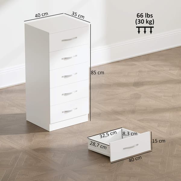 Hvid kommode med 5 skuffer, spånplade, pladsbesparende design