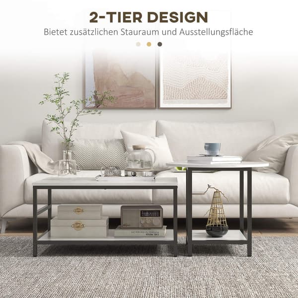 Soffbordsset med 2 sidobord, soffbord, soffbord i modern design med marmorlook för vardagsrum, sovrum, stål