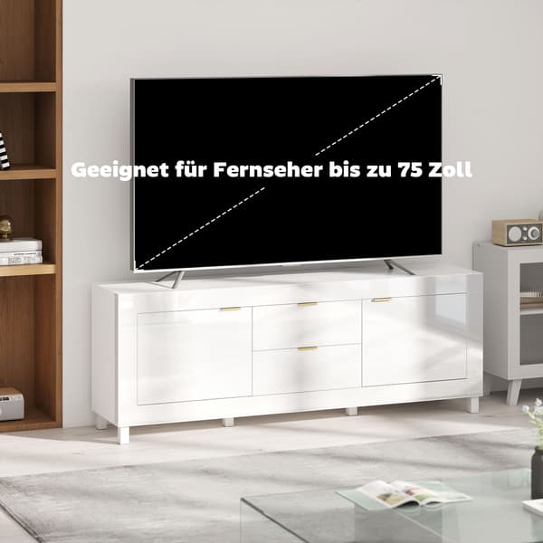 TV-stativ för 75" TV, högblank vit, 180 cm, 2 skåp