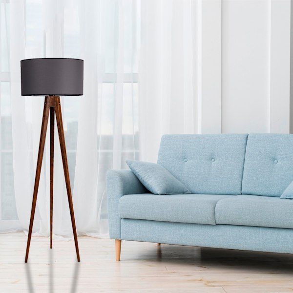 Golvlampa Stativ Ceviz Lambader Silindir Koyu Gri Abajurlu