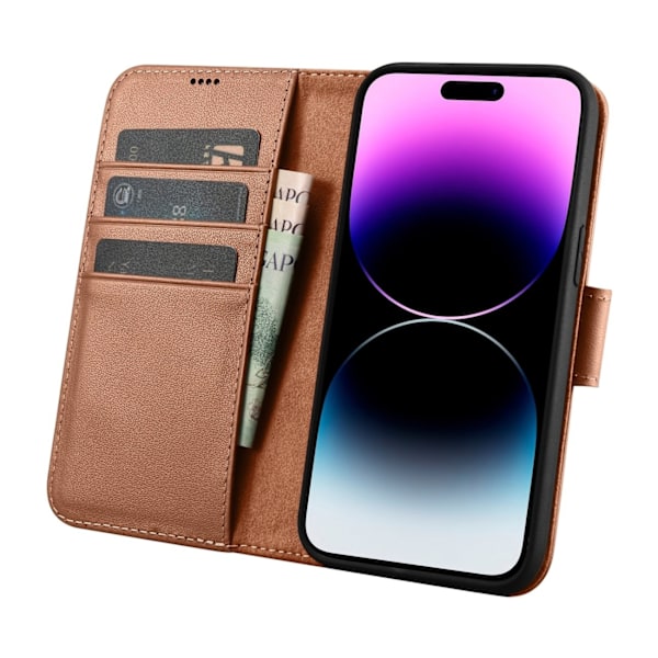 2-i-1 lædercover med klap iPhone 14 Pro Max Anti-RFID Pung Etui brun