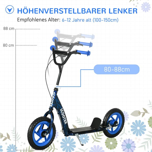 Justerbar barnsparkcykel med broms, stativ, stål, blå
