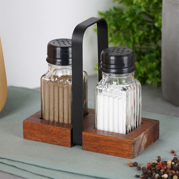 Salt och peppar shakers med stativ, 3-delad set