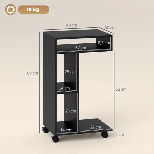 C-formet sidebord med hjul, 3 hylder, 40x30x69 cm, sort