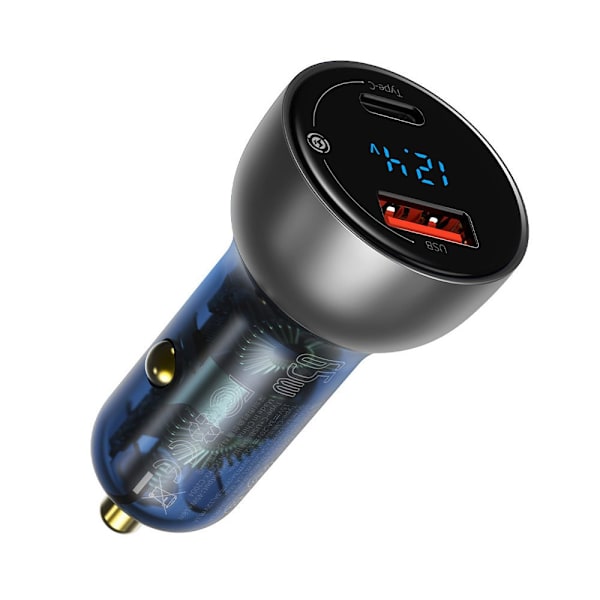 USB + USB-C 65W Quick Charge autolaturi, läpinäkyvä LCD-näyttö