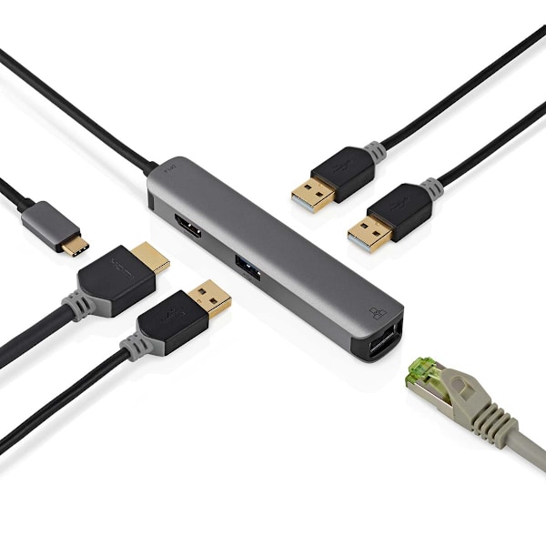 USB Multi-Port Adapter | USB 3.2 Gen 1 | USB-C™ Han | HDMI™ Hun / RJ45 Hun / 3x USB-A Hun | 5 Gbps | 0.20 m | Runde | Guldplateret | PVC | Antracit |