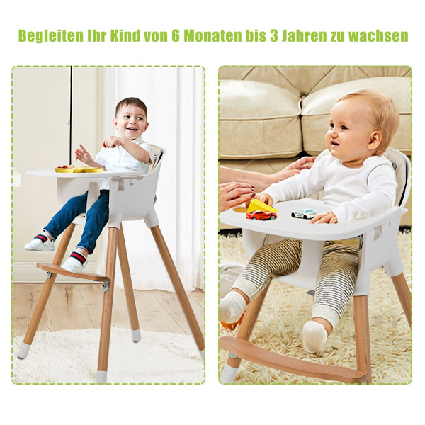 2-i-1 baby højstol lavet af træ, justerbar 57 x 57 x 83 cm cremehvid + natur