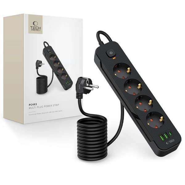 Tech-Protect Strømskinne med 4 stikkontakter 240V, 2 USB-A, 1 USB-C - Sort