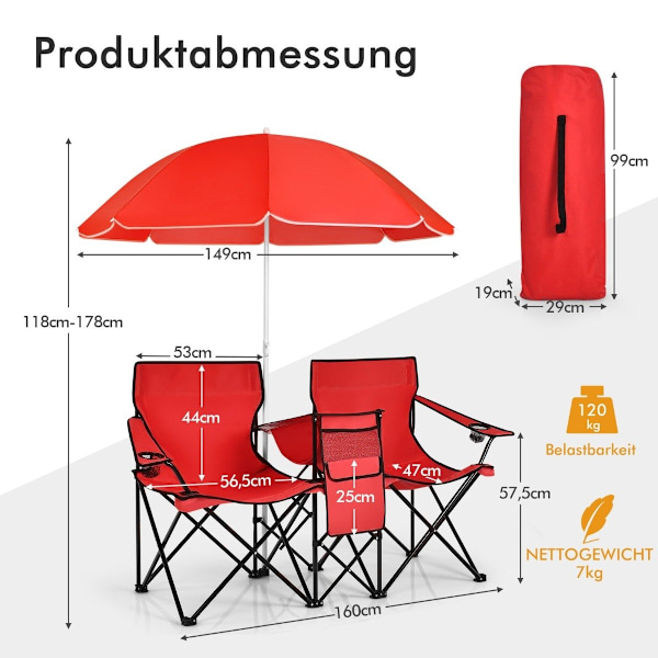 2-sits campingstol med parasoll fällbar fiskestol med bärväska röd