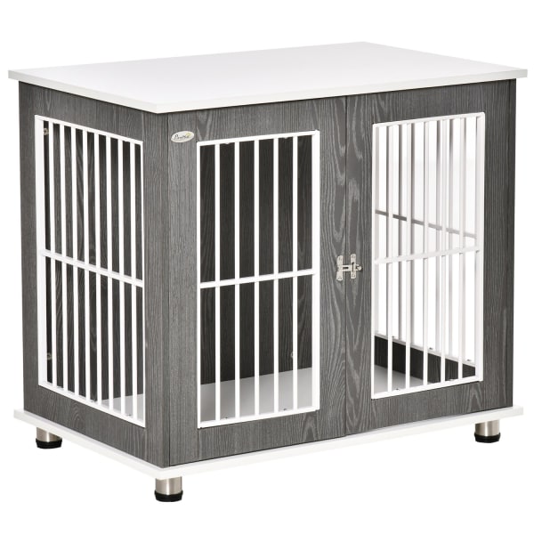 Hundekennel Transportkasse I Træ Med Bordplade Og Pude, Bur Til Små Dyr, Sidebord, Grå+Hvid, 85X55X75Cm