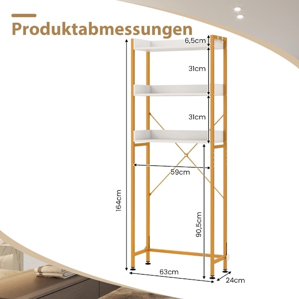 3-lags toilethylde med 4 kroge og justerbare fødder Pladsbesparende badeværelseshylde, hvid