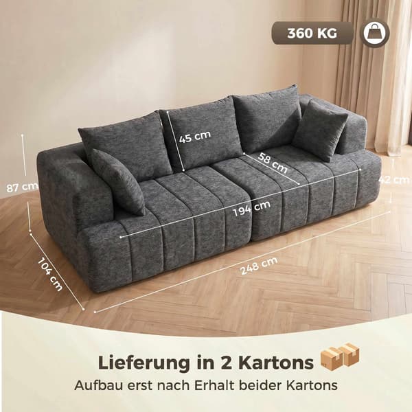 3-sits grå chenille molnsoffa med kuddar