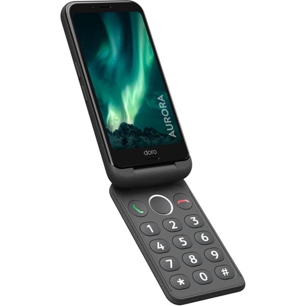 Vikbar 4G-smartphone med bakgrundsbelyst knappsats, grå