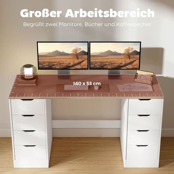 140 cm computerbord, 8 skuffer, stål og træ, hvid