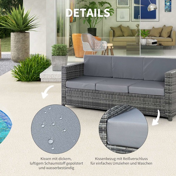 Haveloungesofa i polyrattan 3-personers med hynder, grå, metal og polyester, 185 x 70 x 80 cm, ideel til terrasse og altan