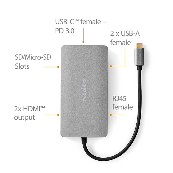 USB N Moniporttisovitin | USB 3.2 Gen 1 | USB-C™ Uros | Micro SD / RJ45 Naaras / SD / USB-C™ Naaras / 2x HDMI™ / 2x USB-A Naaras | 5 Gbps | 0.20 m | P