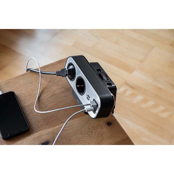 brennenstuhl®estilo Duplex-jatkojohto ylijännitesuojalla, 1x USB C, 1x USB A, 9x pistorasiat, hopea/musta